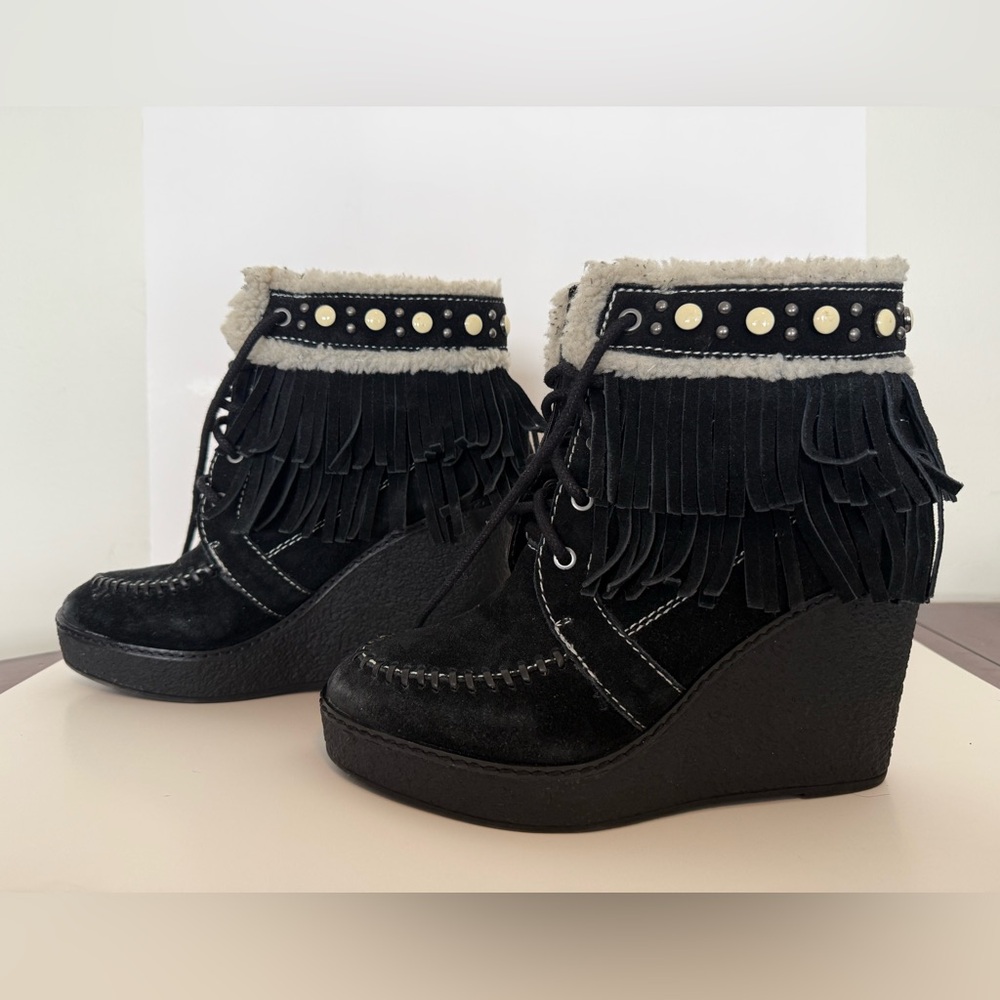 Sam Edleman | Women's Black Wedge Boots with Fringe